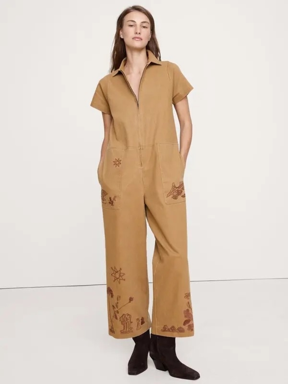 Banana Republic Embroidered Camel Cotton Zip Utility Jumpsuit Boiler Suit XSP